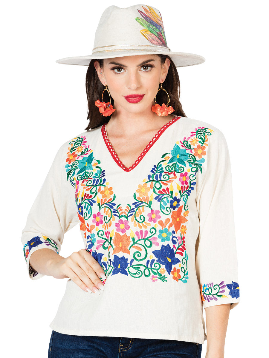 Artisanal Embroidered Blouse 100% Cotton Beige with Flowers