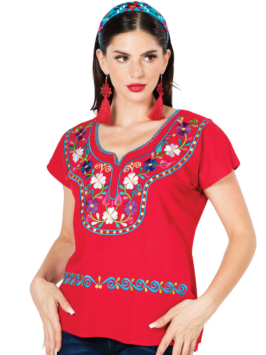Artisanal Embroidered Blouse Cotton Red with blue details