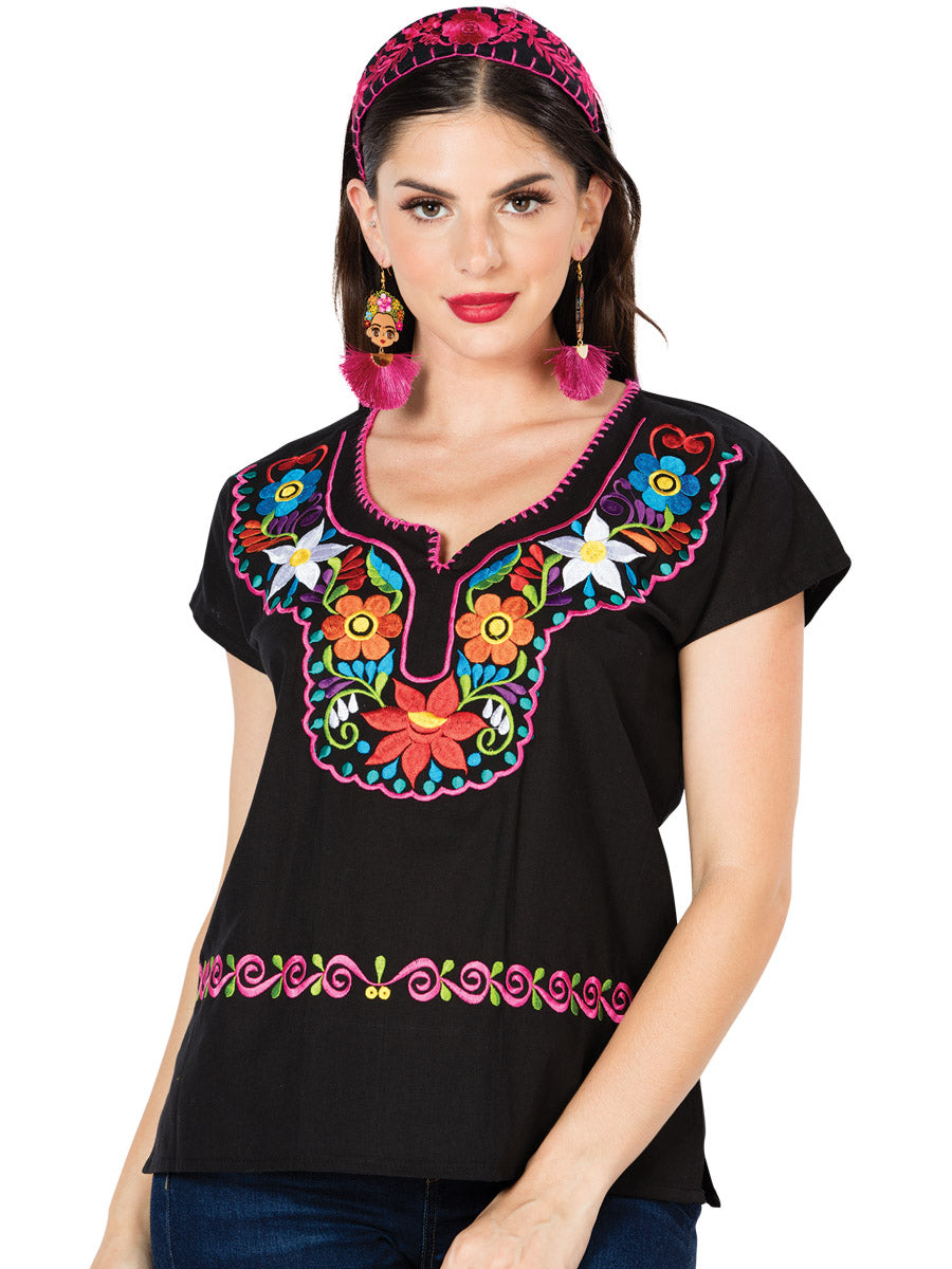 Artisanal Embroidered Blouse 100% Cotton Black