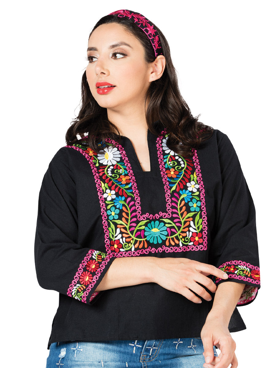 Artisanal Embroidered Blouse 100% Cotton Black