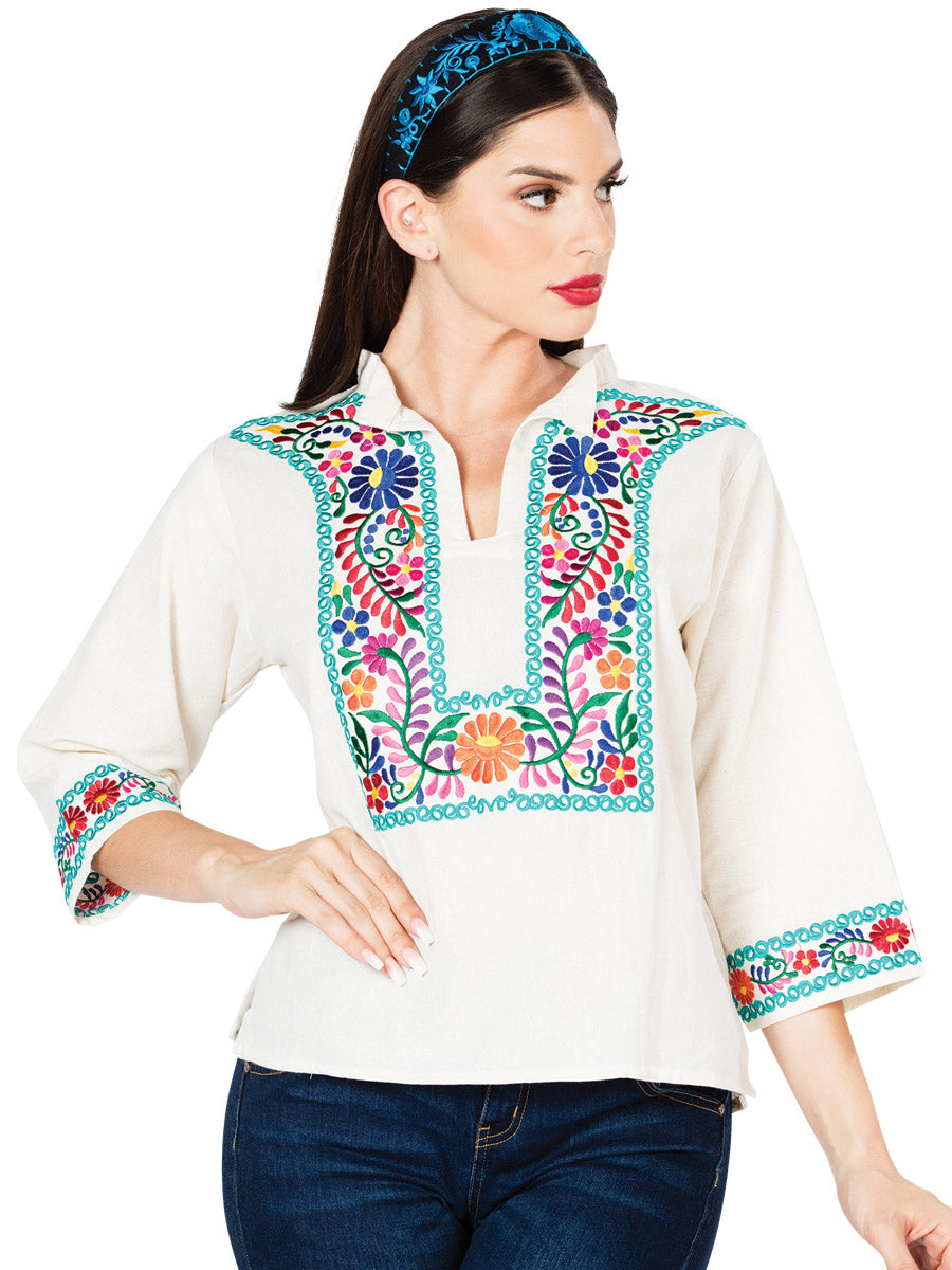 Artisanal Embroidered Blouse Floral Cotton Beige