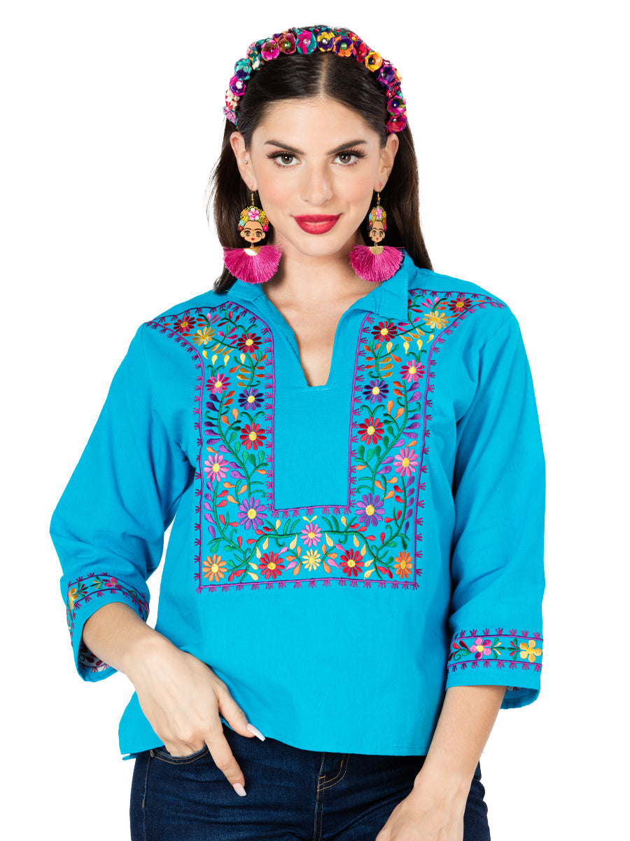 Artisanal Embroidered Blouse Cotton Blue