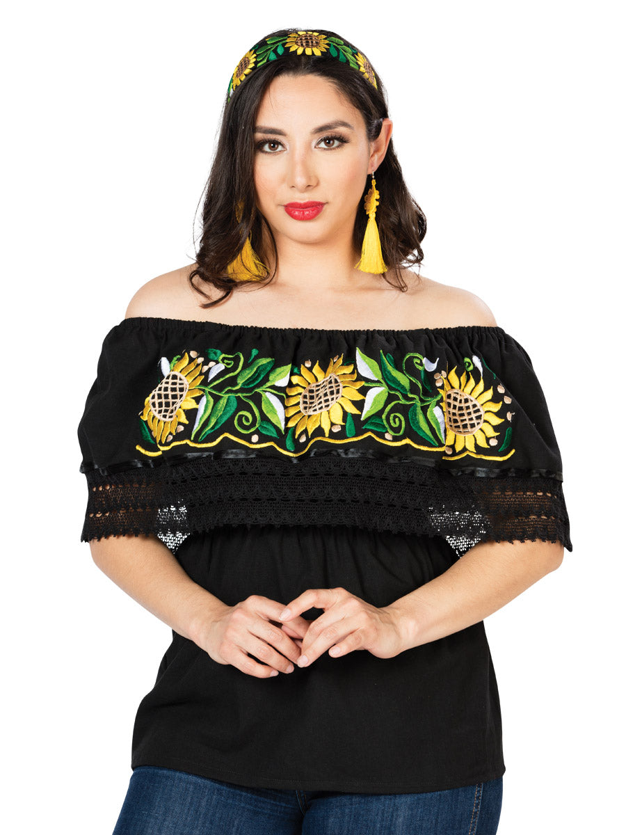 Artisanal Embroidered Blouse Floral Cotton Black