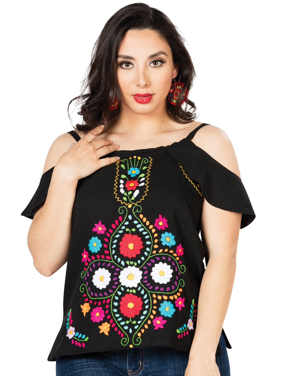 Artisanal Embroidered Blouse 100% Cotton Black with a Floral Design