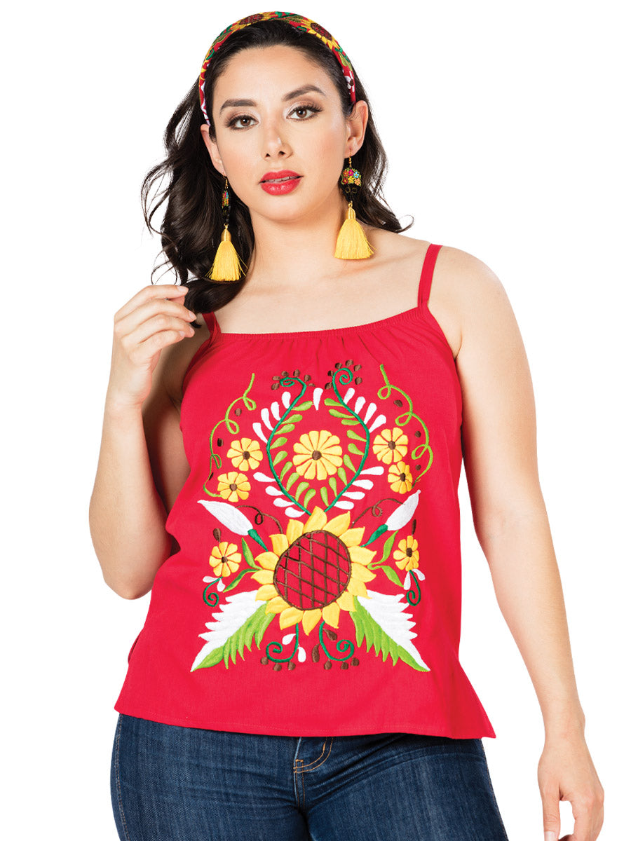 Artisanal Embroidered Blouse Floral Cotton Red