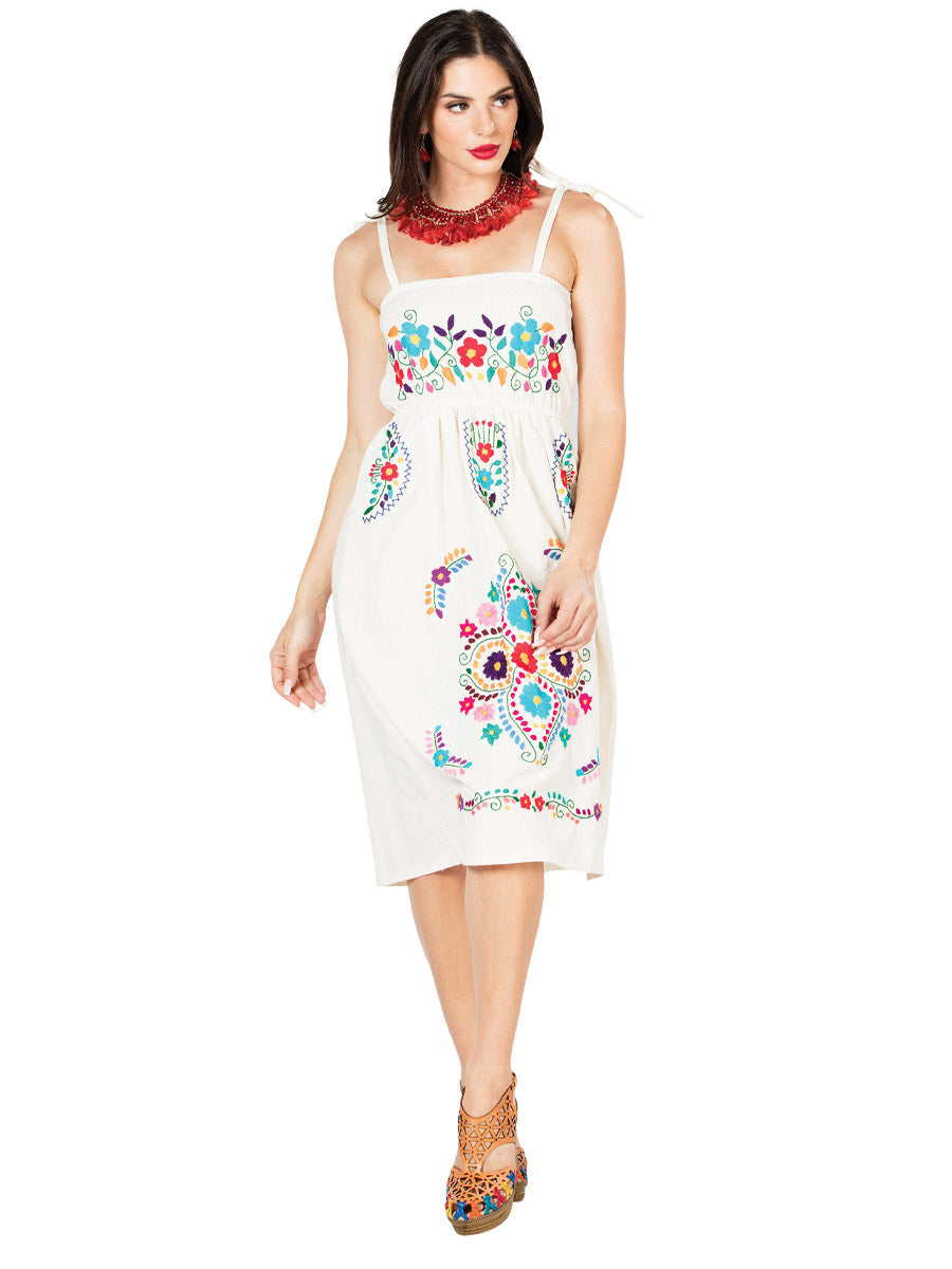 Mexican Artisanal Embroidered Dress Cotton Beige