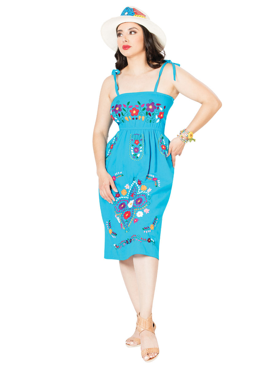Mexican -Artisanal Embroidered Dress Cotton Blue