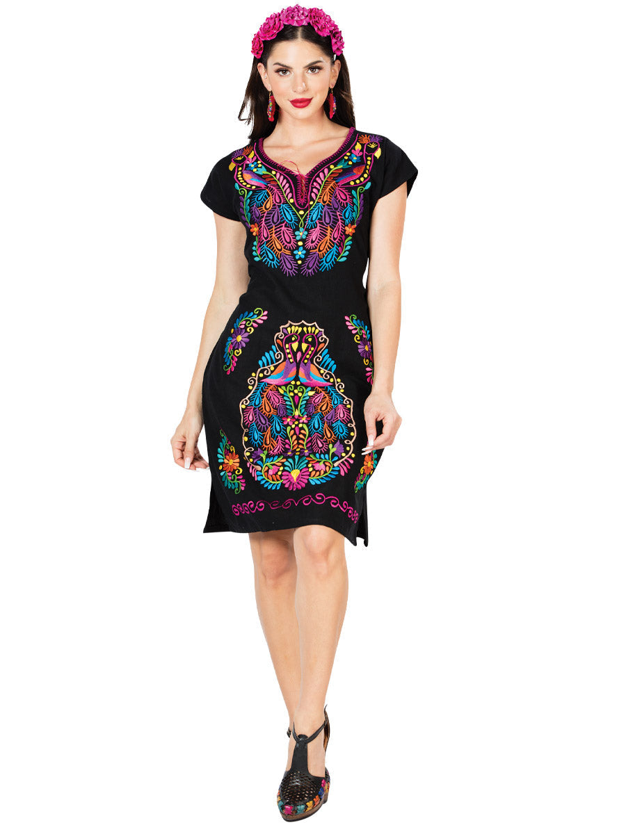 Classic Mexican Artisanal Embroidered Dress Black