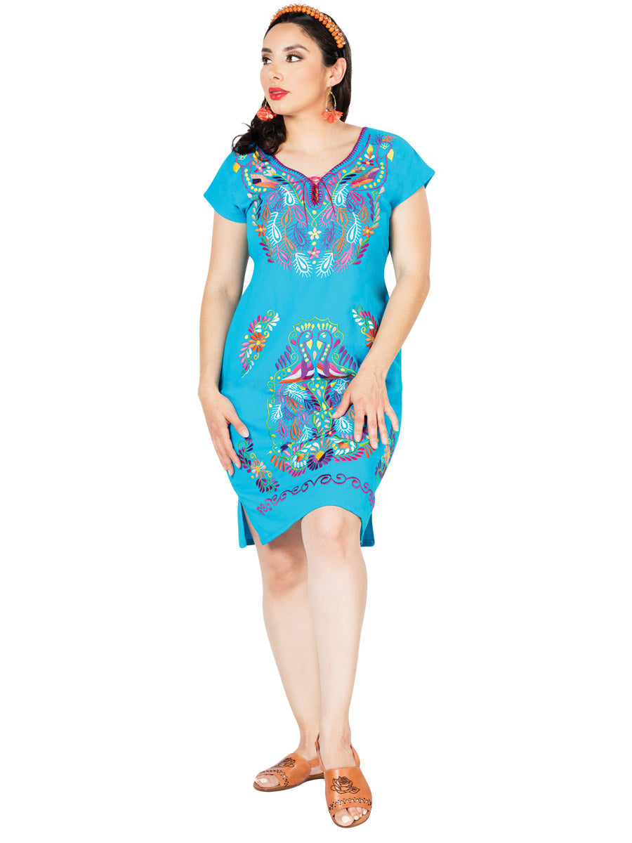 Mexican Artisanal Embroidered Dress Cotton Blue