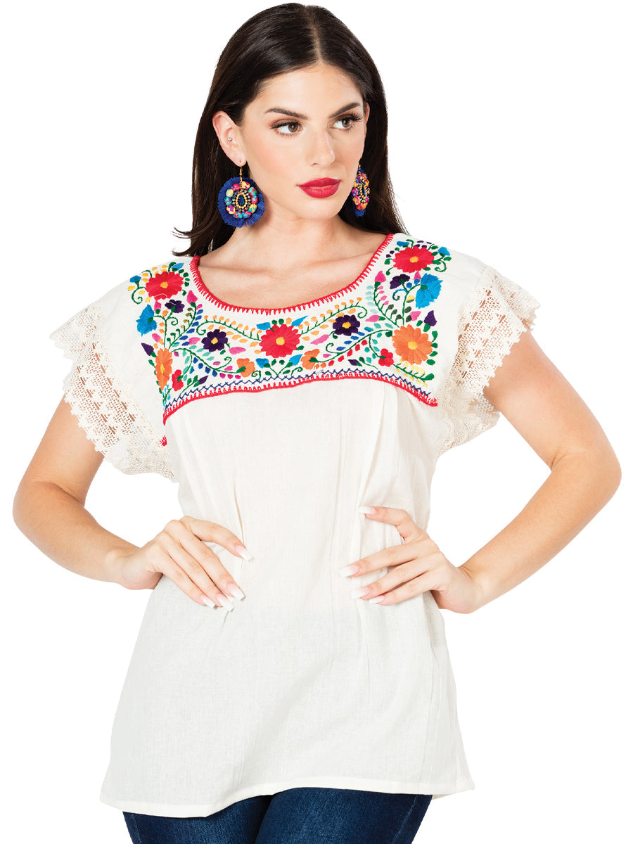 Artisanal Embroidered Blouse Cotton Beige Floral