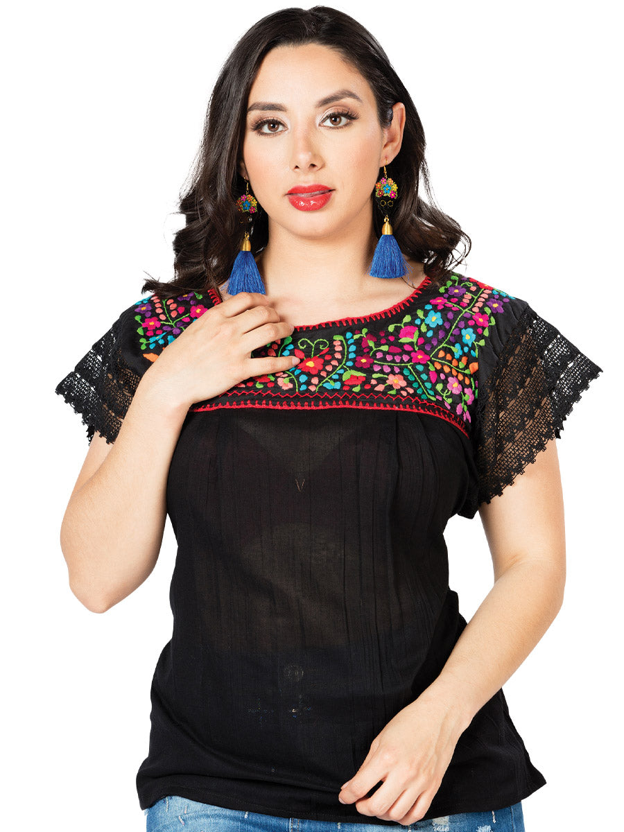 Artisanal Embroidered Blouse Cotton Black Floral