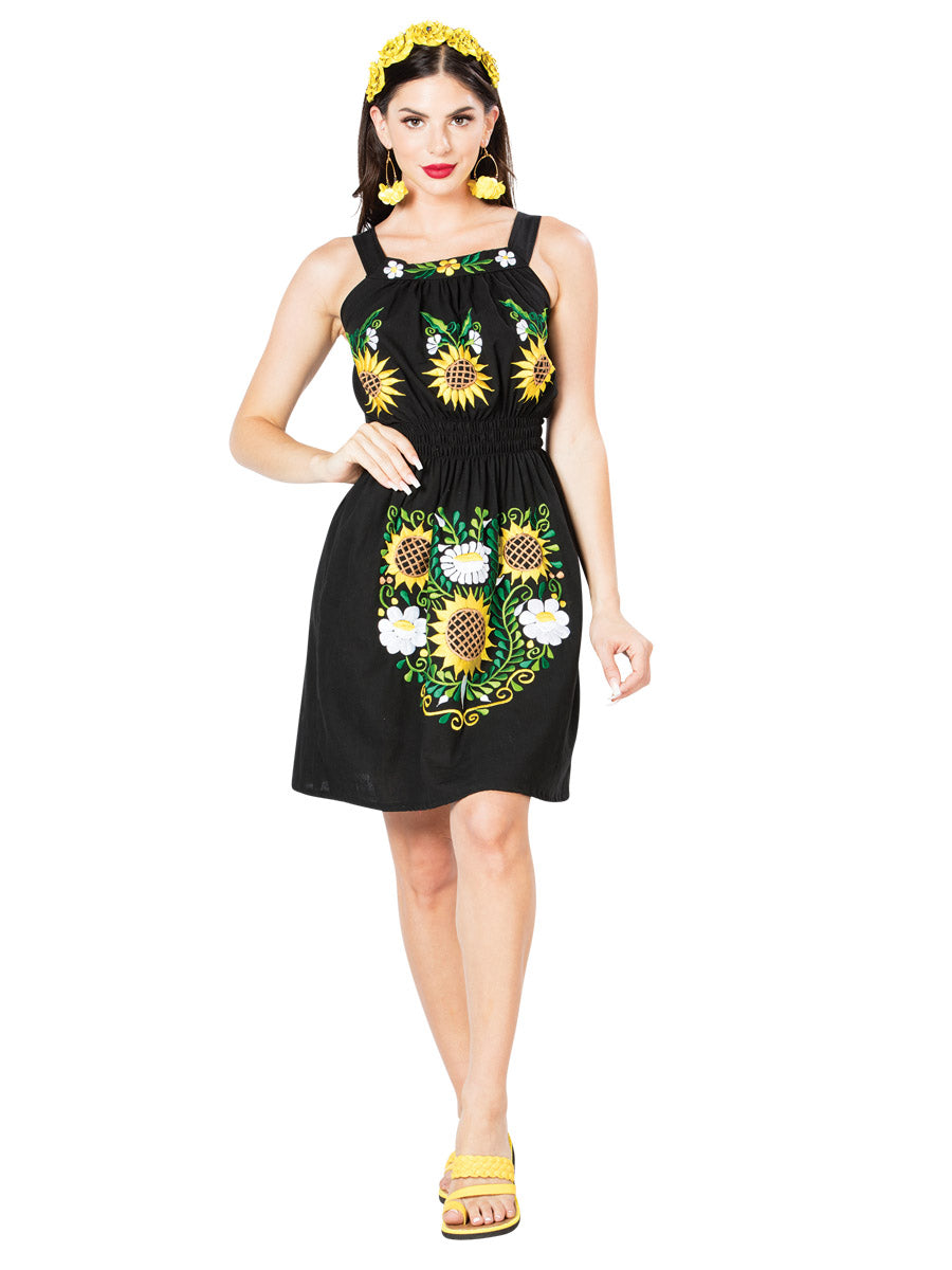 Mexican Artisanal Embroidered Dress Cotton Black by Artesanos