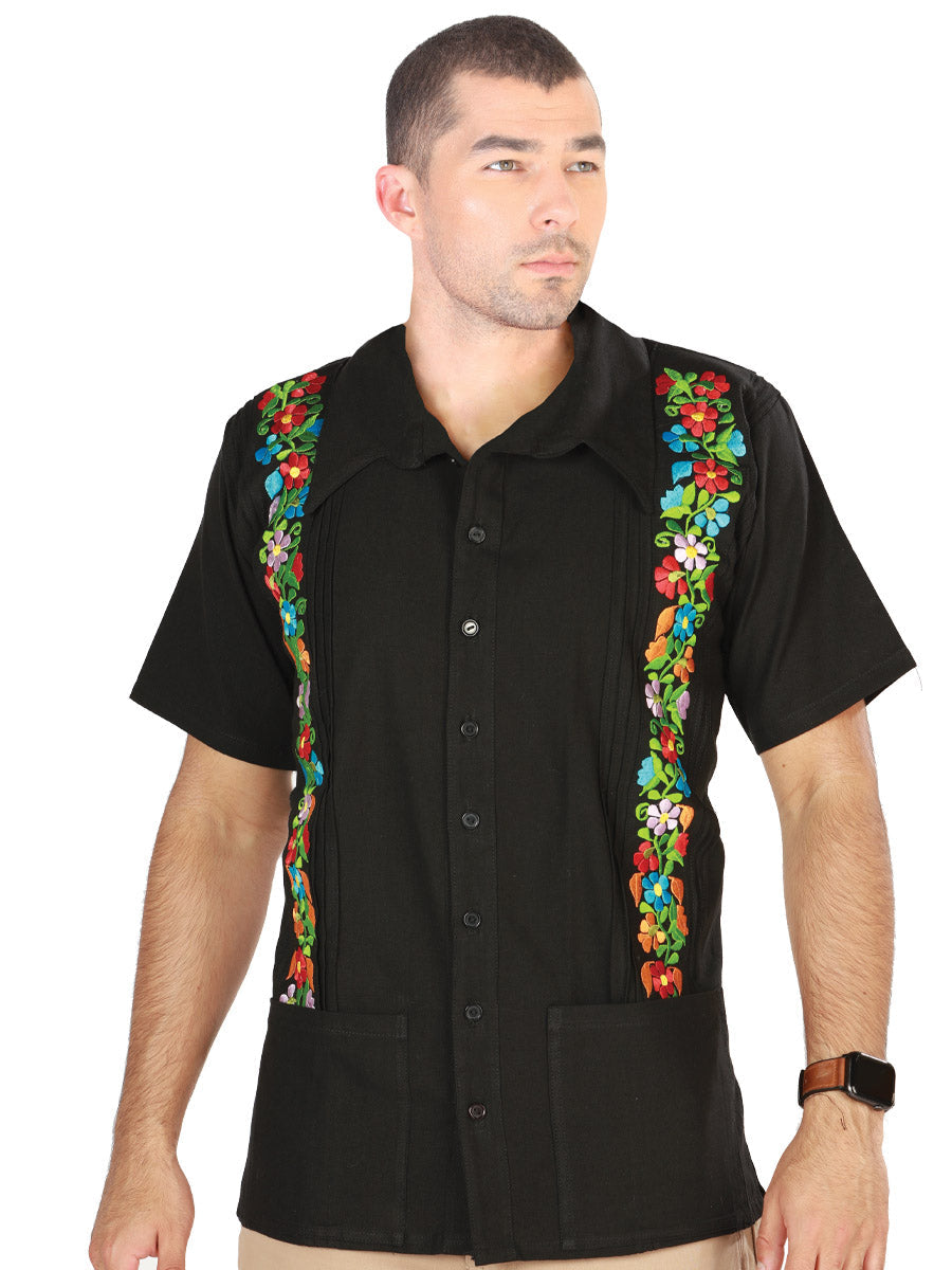 Mexican Embroidered with Flowers Shirt Guayabera 100% Cotton Black