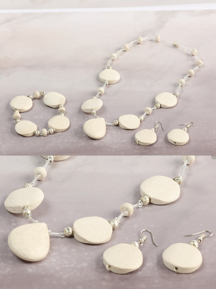 Necklace, Earrings and Bracelet Set Onyx Stone Beige