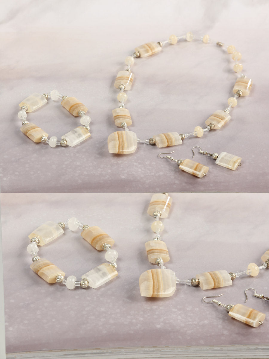Necklace, Earrings and Bracelet Set Onyx Stone Natural/Caramel