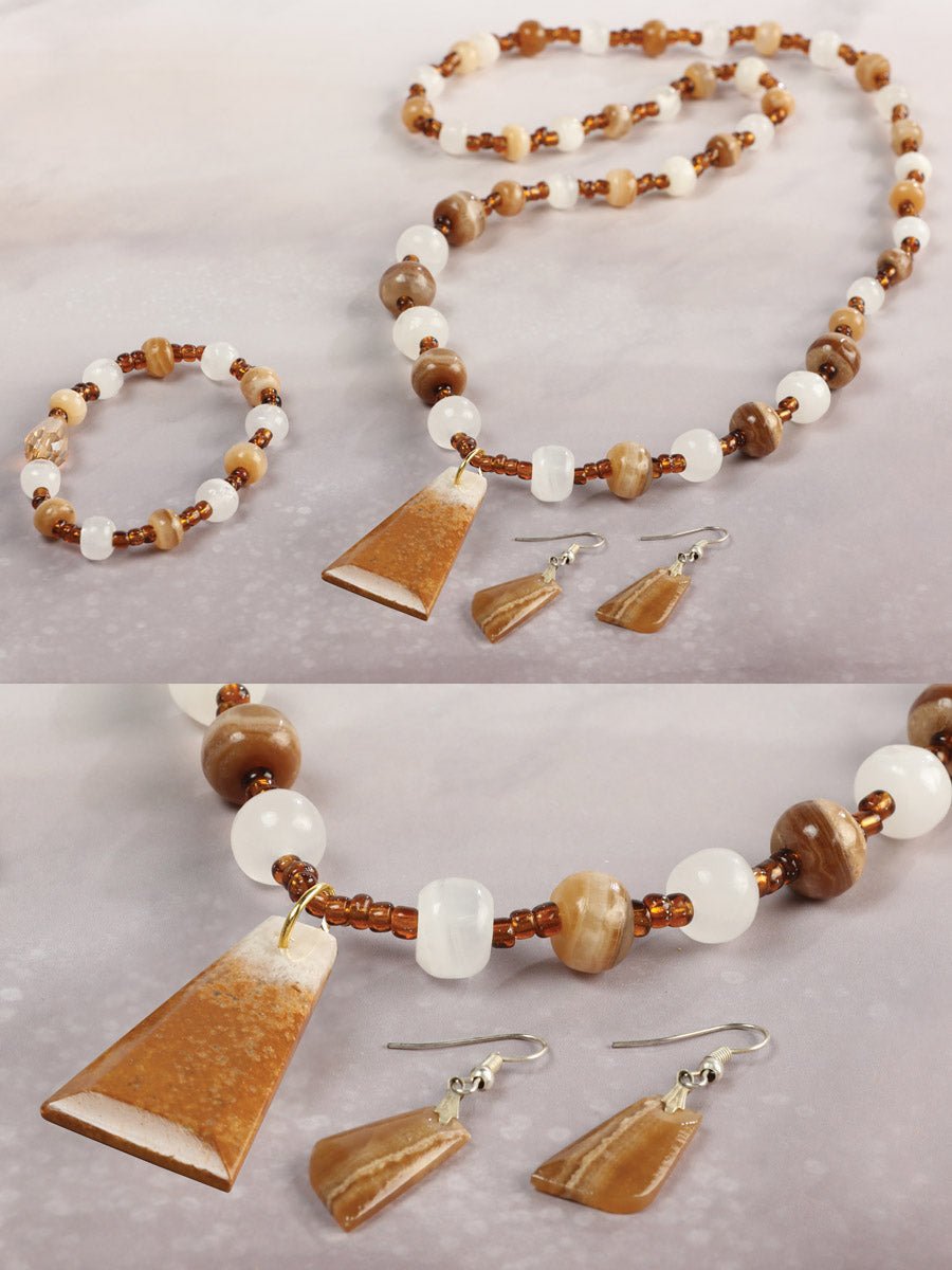 Conjunto de Collar, Pendientes y Pulsera Piedra Ónix Marrón/Caramelo