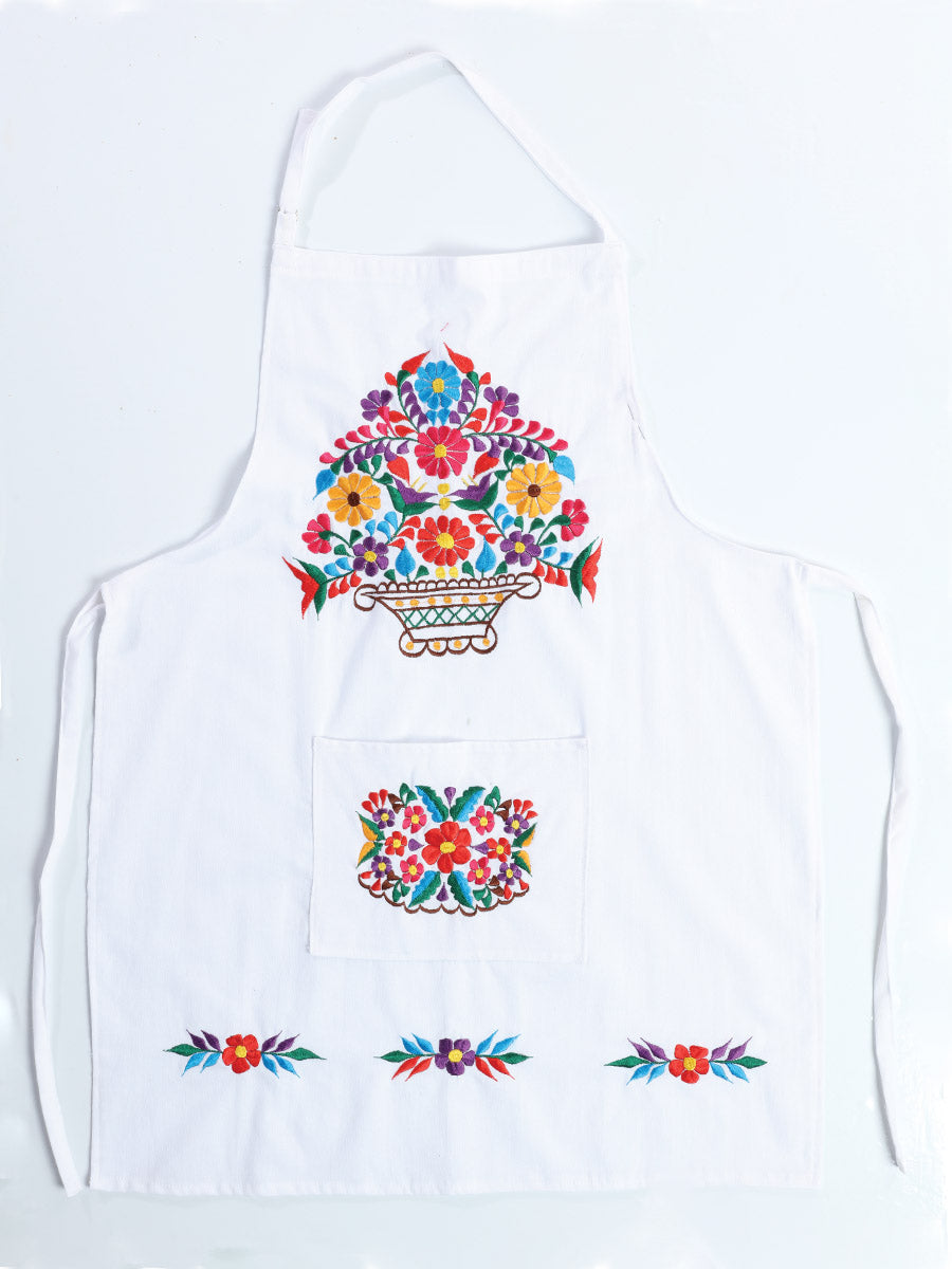 Mexican Artisanal Embroidered Apron Cotton White