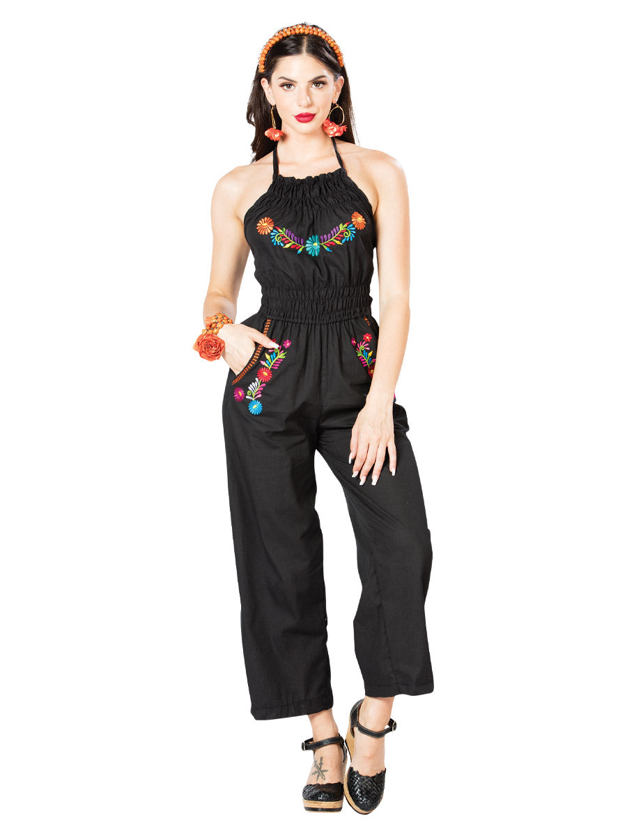 Artisanal Embroidered Romper Cotton Black