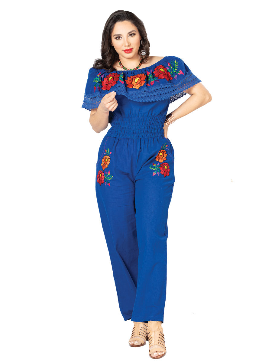 Artisanal Embroidered Jumpsuit Cotton Royal Blue
