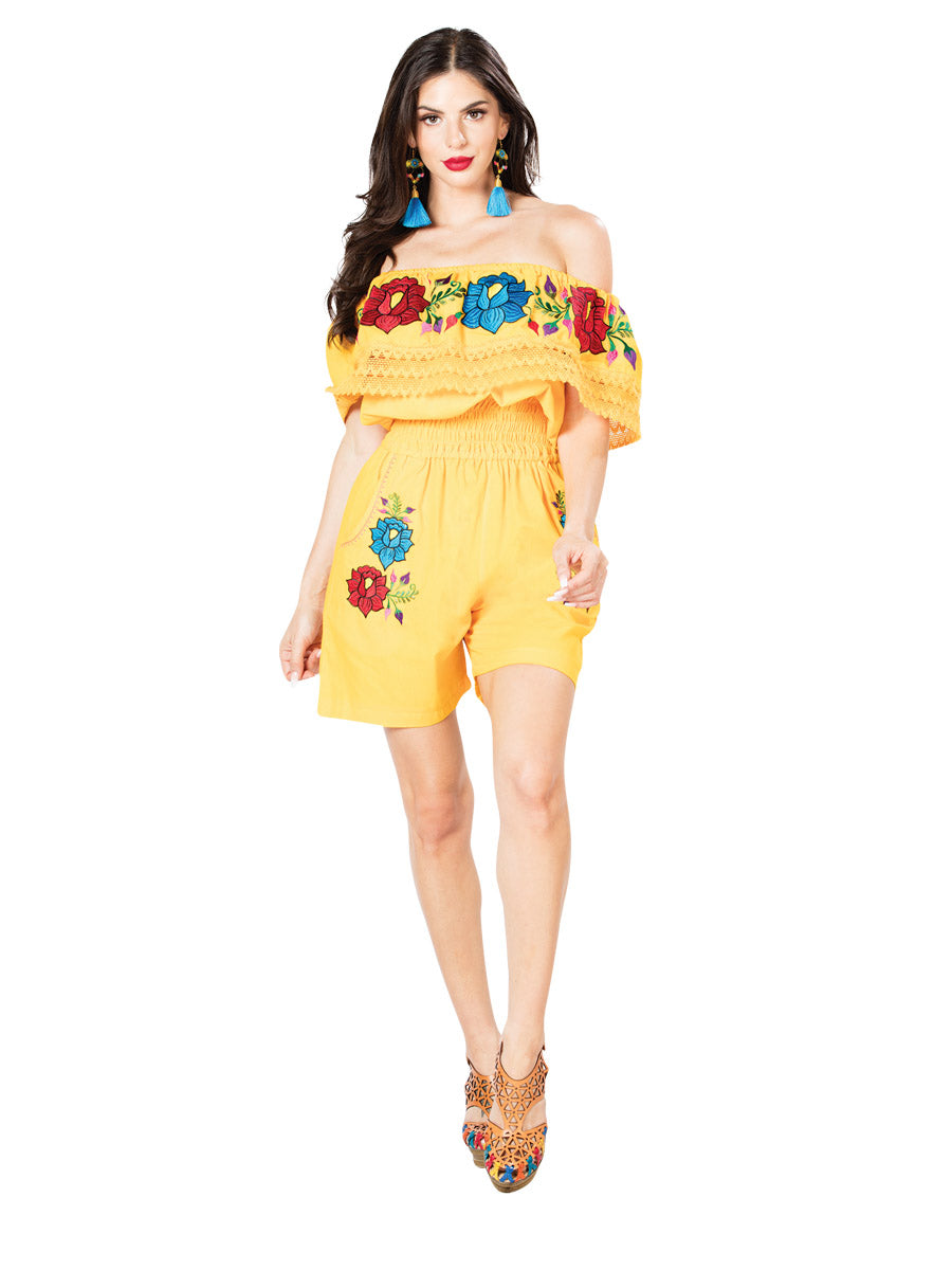 Artisanal Embroidered Romper Cotton Yellow