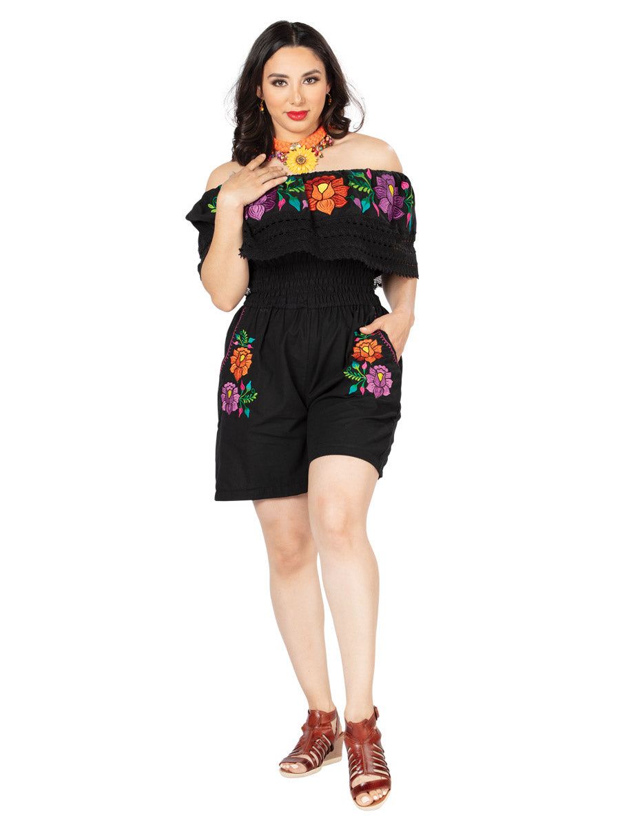 Artisanal Embroidered Romper Cotton Black