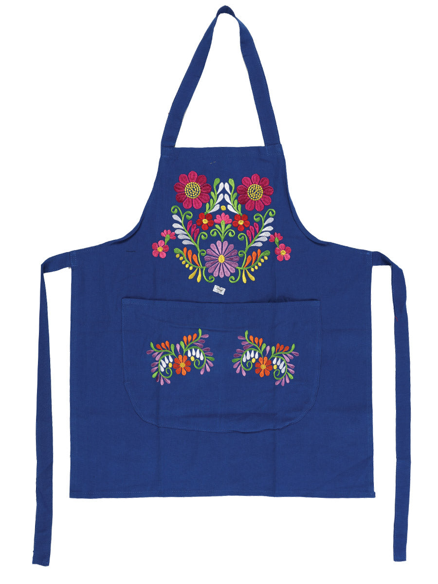 Mexican Artisanal Embroidered Apron Cotton Polyester Royal Blue