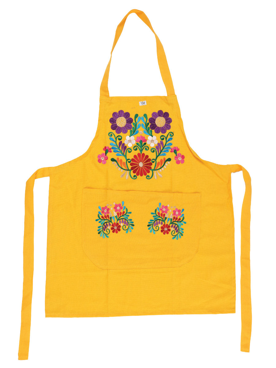 Mexican Artisanal Embroidered Apron Cotton Polyester Yellow