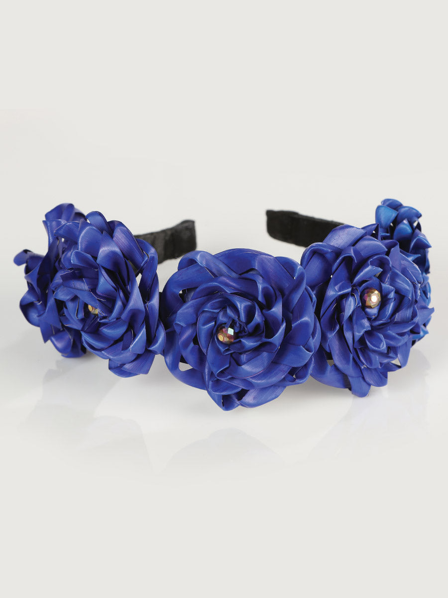 Diadema artesanal de hoja de palma azul real