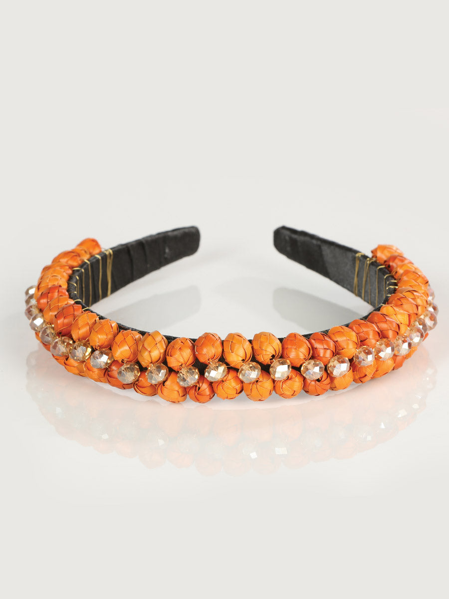 Diadema artesanal de hoja de palma naranja