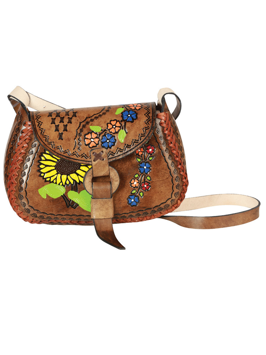 Artisanal Handbag Leather Brown Floral with a Sunflower