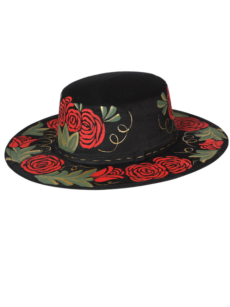 Artisanal Hat  Suede  Red Roses  Black