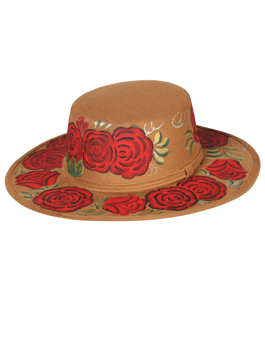 Artisanal Hat  Suede  Red Roses  Camel