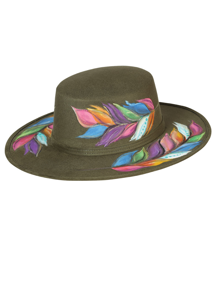 Artisanal Hat  Suede  Elegant Feather Olive