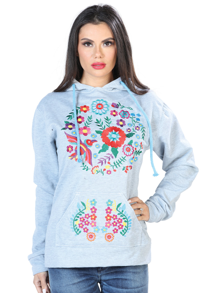 Artisanal Embroidered Sweatshirt Gray Flowers