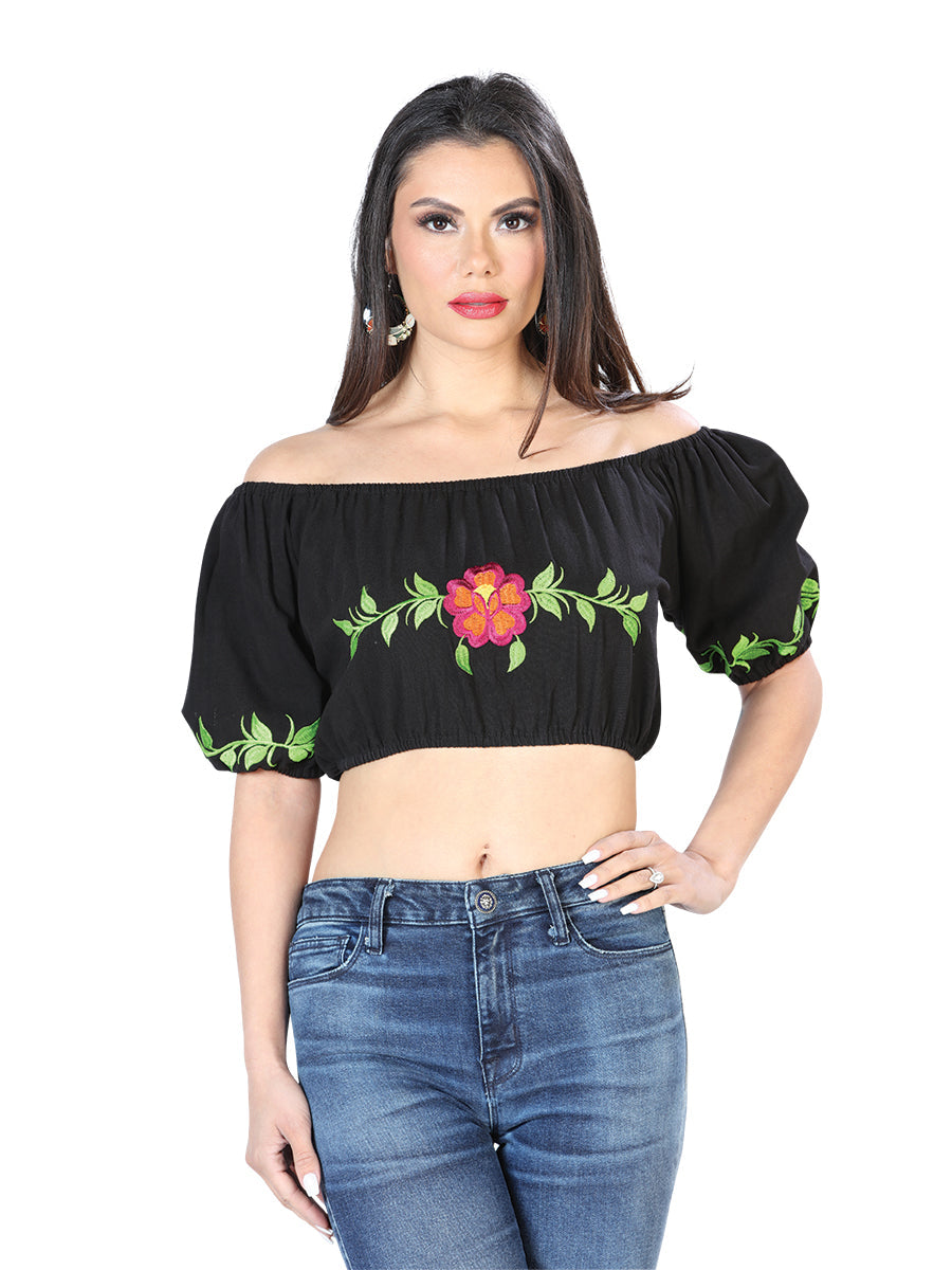 Artisanal Embroidered Blouse 100% Cotton Black with a Red Flower and Green Leaves