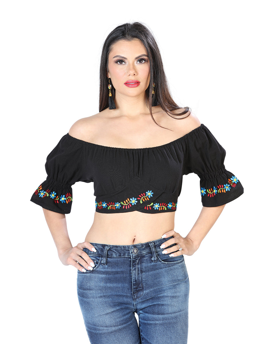 Artisanal Embroidered Blouse 100% Cotton Black with small Blue Flowers