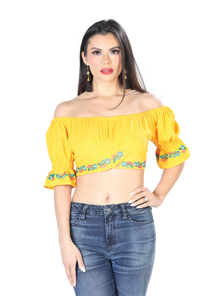 Artisanal Embroidered Blouse Cotton Yellow with Flowers
