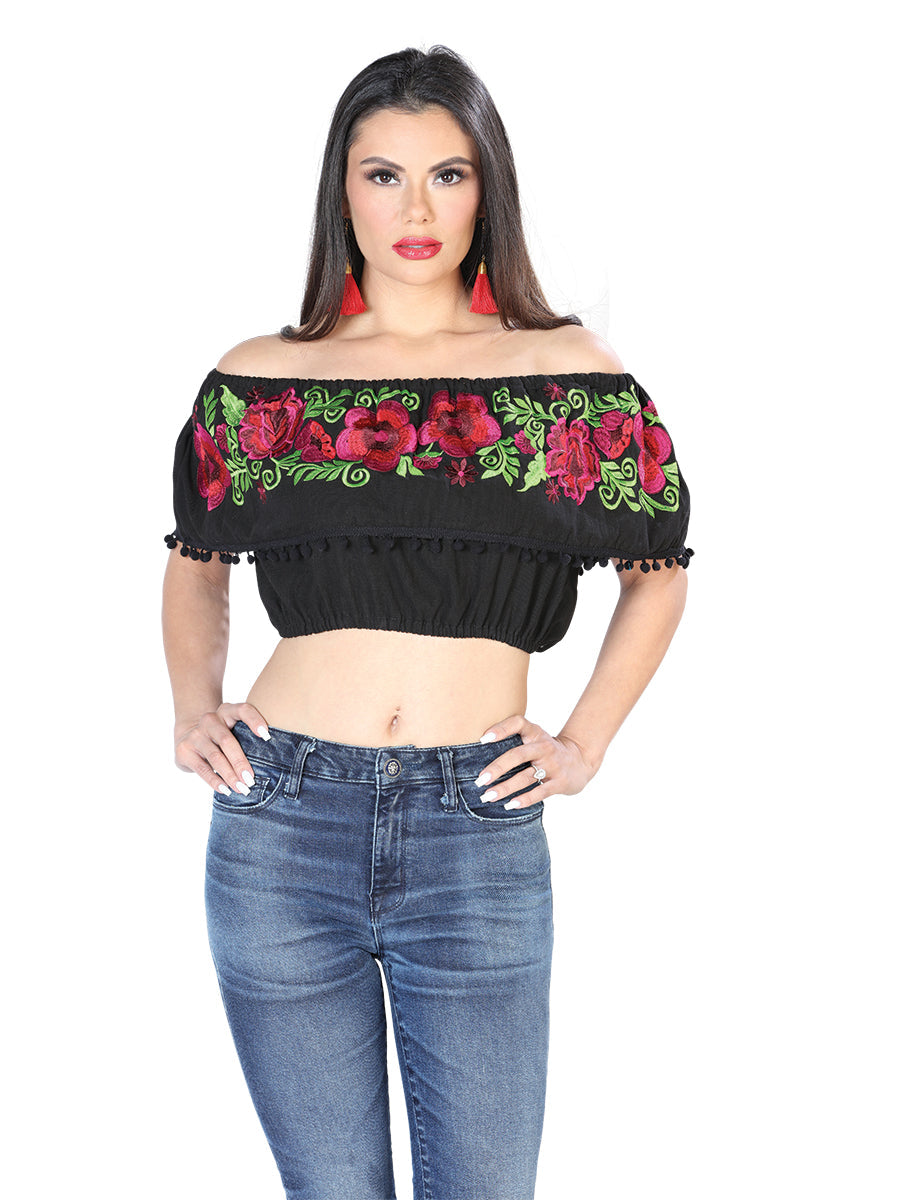 Artisanal Embroidered Blouse 100% Cotton Black with Cherry Flowers