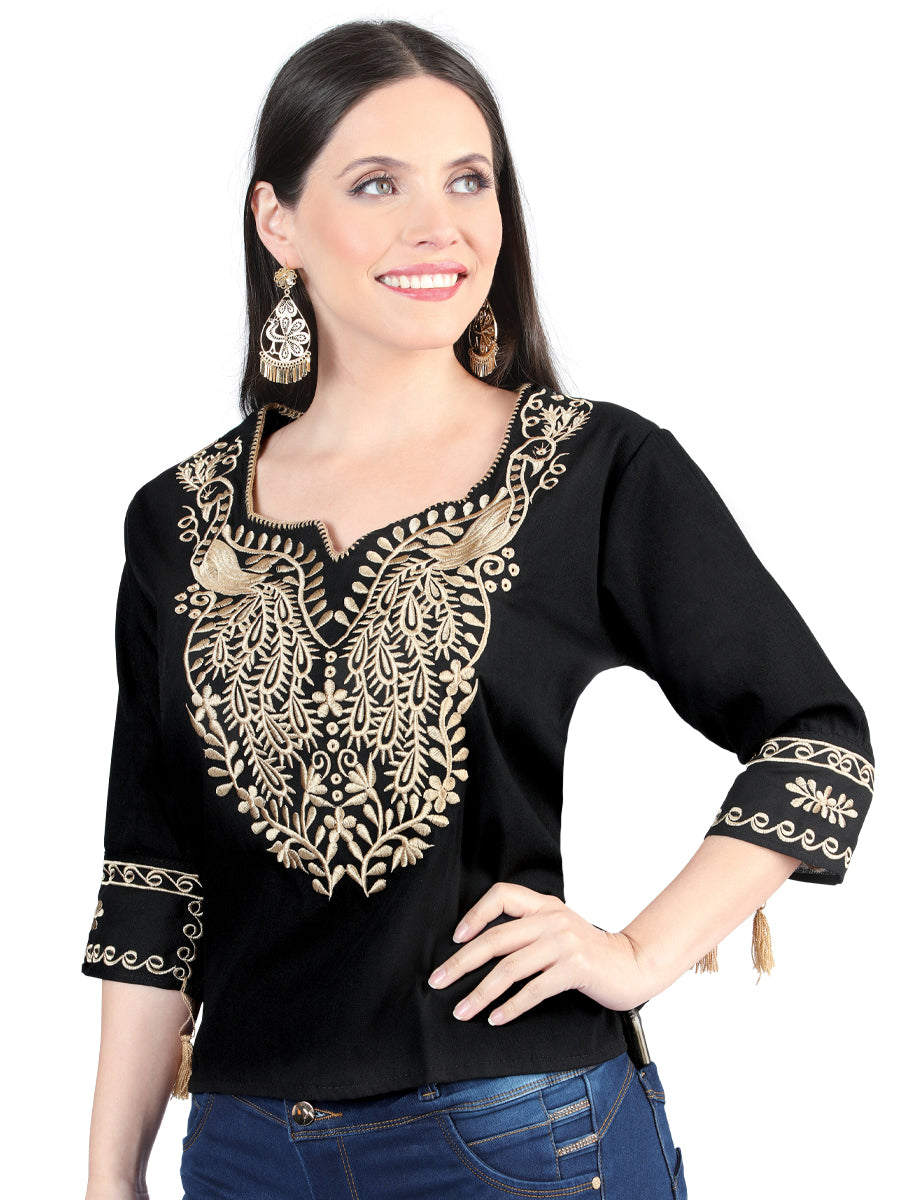 Artisanal Embroidered Blouse Cotton Black with Golden Details