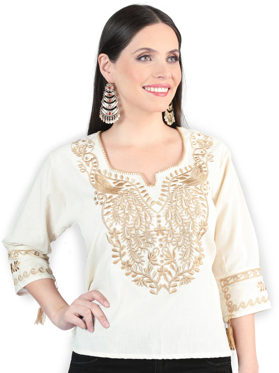 Artisanal Embroidered Blouse Cotton Beige