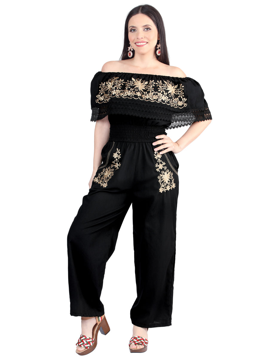 Artisanal Embroidered Jumpsuit Cotton Black