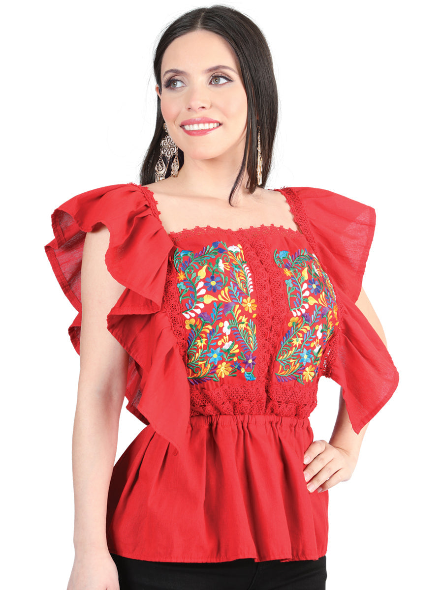 Mexican Artisanal Embroidered Blouse Cotton Red