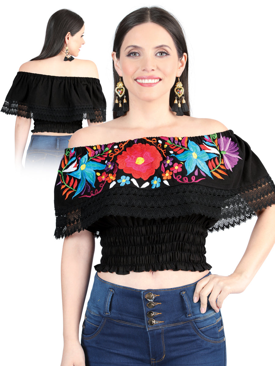 Artisanal Embroidered Blouse 100% Cotton Black with a Red Flower and Blue Flowers