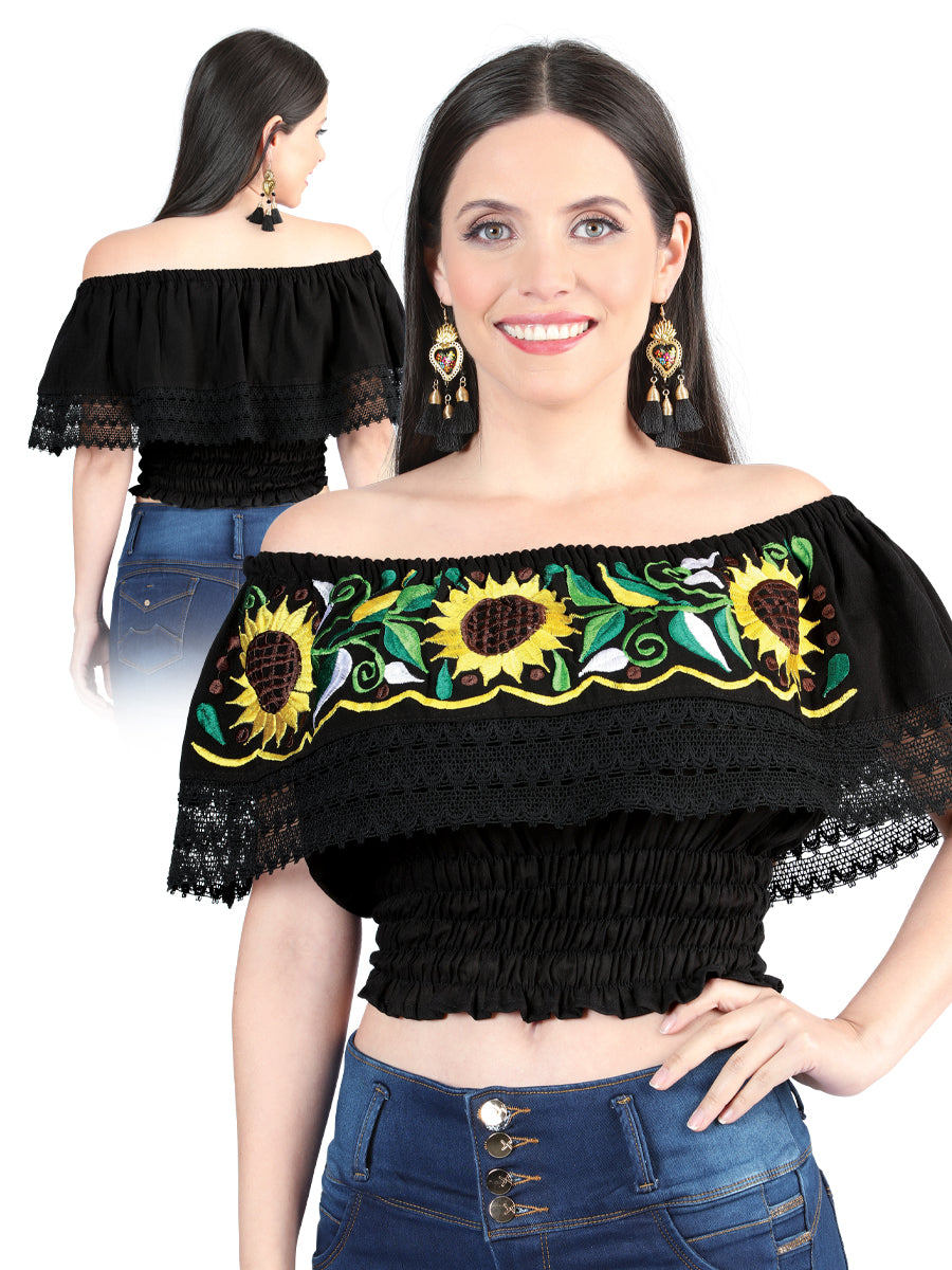 Artisanal Embroidered Blouse 100% Cotton Black with Sunflower Flowers