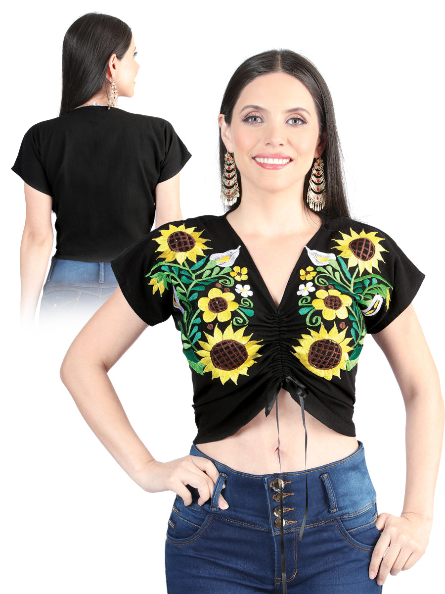 Artisanal Embroidered Blouse 100% Cotton Black with Yellow Flowers and Sunflowers