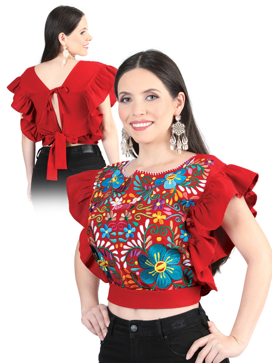 Artisanal Embroidered Blouse Cotton Red with Flowers