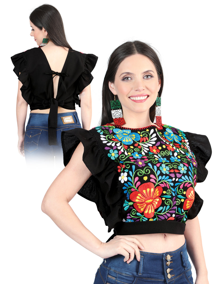 Artisanal Embroidered Blouse 100% Cotton Black with the Floral Front