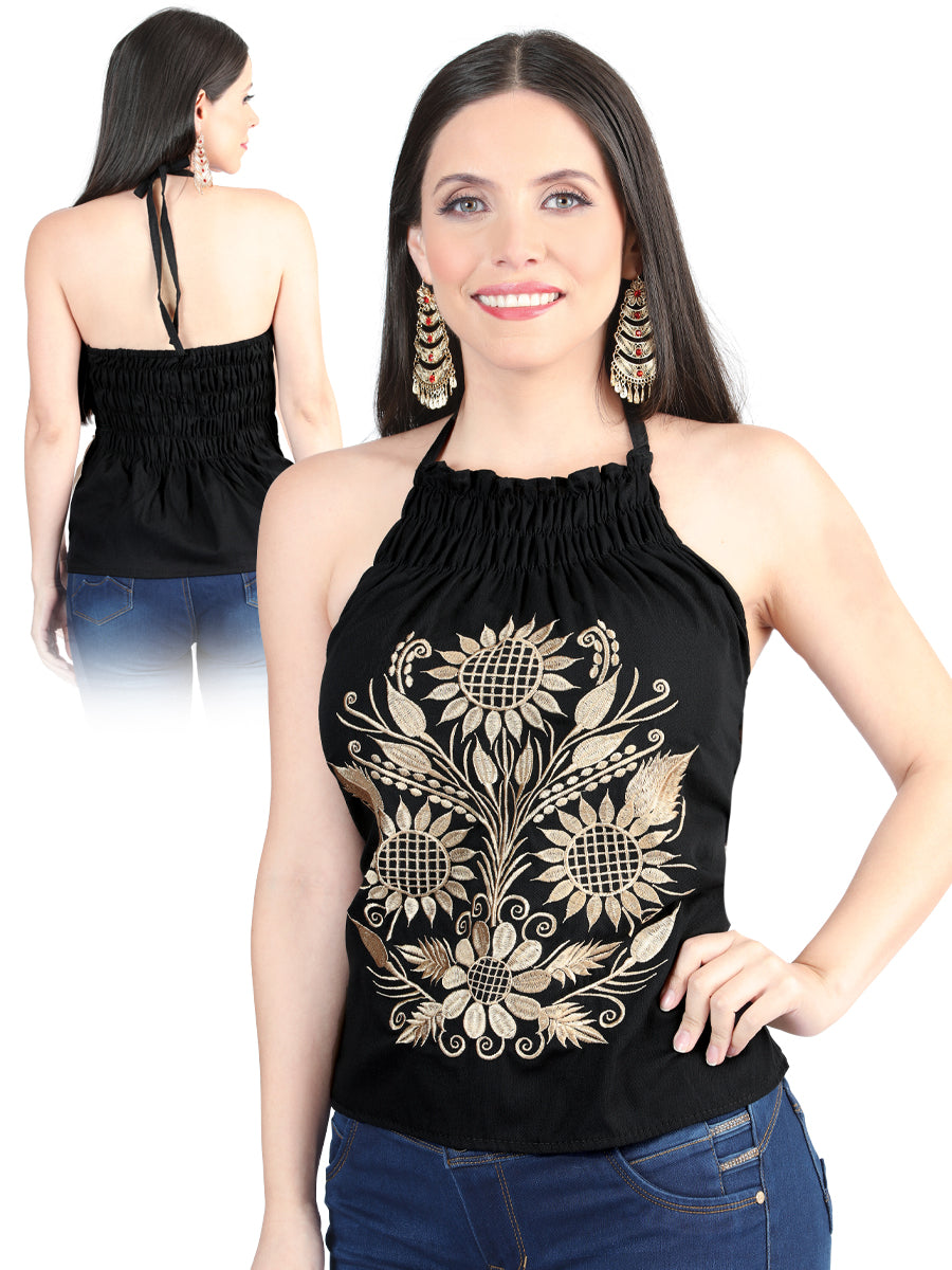 Artisanal Embroidered Blouse 100% Cotton Black short sleeves