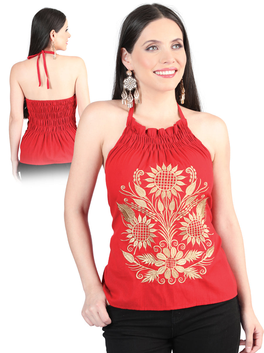 Artisanal Embroidered Blouse Cotton Red with Golden Sunflowers