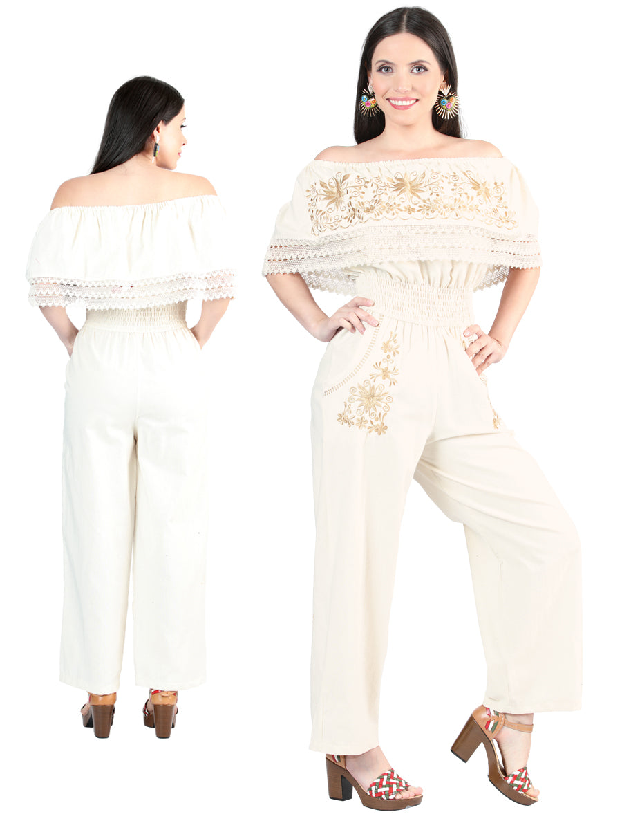 Artisanal Embroidered Jumpsuit Cotton Beige